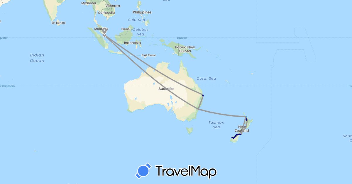 TravelMap itinerary: driving, plane, boat in Australia, New Zealand, Singapore (Asia, Oceania)